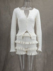 Fashion Knit Ruffled Layered Shorts Tracksuits Set