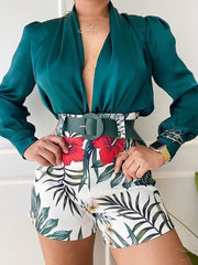 Casual V Neck Shirt Floral Print Shorts Two Piece Sets