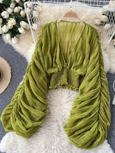 Fashion V Neck Puff Sleeve Dressy Tops