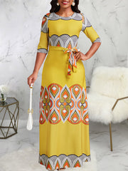 Fashion Round Neck Print Lace-up Maxi Dress