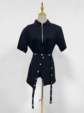 Fashion Zip Up T-shirt Slit Mini Skirt Two Piece Set