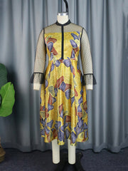 Elegant Mesh Sleeve Patchwork Print Party Dress