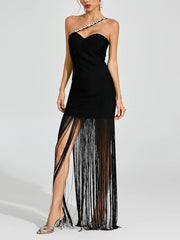 Rhinestone Embellishment Off Shoulder Fringe Maxi Dress
