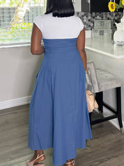 Casual Denim Patchwork Cinched Waist Maxi Dress