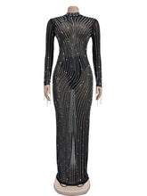 Rhinestones See Through Long Sleeves Maxi Dress