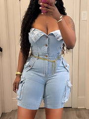 Sexy Strapless Denim Cargo Romper