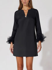 Fashion V Neck Long Sleeve Feather Mini Loose Dress