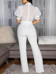 Fashion Turn-down Collar Bow Puff sleeve Slim Jumpsuit