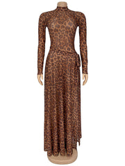 Fashion Leopard Print Sheer Mesh High Slit Dress
