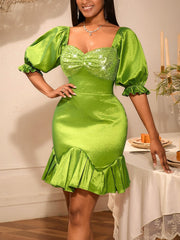 Elegant Sequin Puff Sleeve Ruffle Slim Party Dress