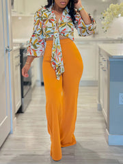 Elegant Print Bandage Top Wide Leg Pants Casual Set