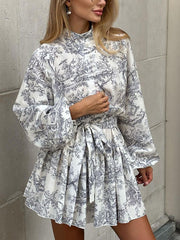 Stand-up Collar Ink-And-Wash Print Casual Dress