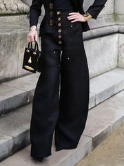 Solid Spliced Button High Waist Straight Jeans