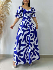 Elegant V-neck Print High Waist Maxi Dress
