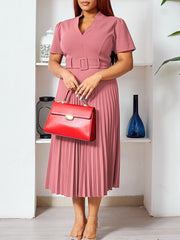 Fashion Solid V-neck Slim Pleated Midi Dress