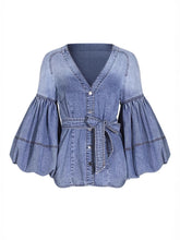 Casual V-Neck Balloon Sleeve Denim Blouse