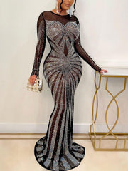 Rhinestone Sheer Mesh Patchwork Slim Maxi Dress