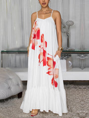 Straps Backless Flower Print Loose Pleated Maxi Dress