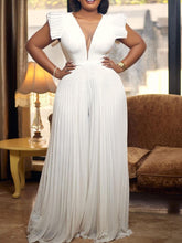 Elegant V Neck Plain Mesh Pleated Jumpsuit