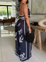 Print Backless Halter Crop Top Wide Leg Pant Set