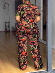 Casual Print Fringe Trim Button Collar Short Sleeve Set