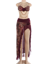 Sexy Print Chest Top And Frill Hem High Split Maxi Skirt Sets