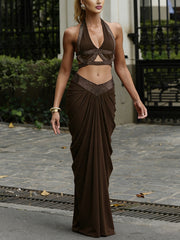 Sexy Backless Crop Top Pleated Slim Long Skirt Set