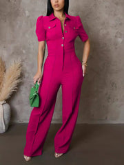Turndown Collar Short Sleeve Wide Leg Jumpsuit