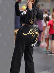 Fashion Print Hoodie High Waist Straight Pants Set