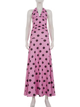 Elegant Dot Print Pleated Halter Backless Maxi Dress