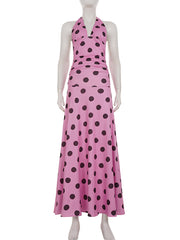 Elegant Dot Print Pleated Halter Backless Maxi Dress