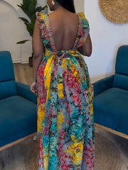 Fashion Print Backless Lace-up Pleated Maxi Dress