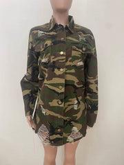 Fashion Camo Print Ripped Denim Jacket
