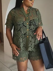 Fashion Lace Hollow out Shirt And Shorts Sets