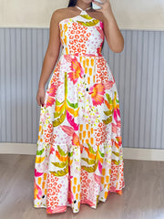 Casual Print Halter Lace-Up Backless Maxi Dress