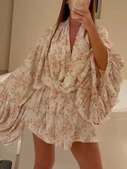 Casual V-Neck Print Bubble Sleeve Mini Dress