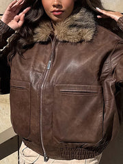 Fashion Loose Pocket PU Leather Jacket