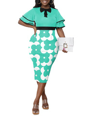 Fashion Round Neck Print Ruffle Sleeve Midi Dress