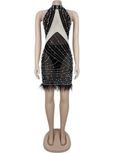 Sexy Mesh Sleeveless Rhinestones Feather Mini Dress