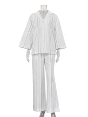Casual Stripe Loose Shirt Straight Trousers Set