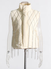 Elegant Crystal-Embellished Fringe Puffer Vest