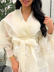 Elegant Lantern sleeve Lace-up Print Shirt