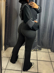 Casual Cropped Hoodie Ribbed Thigh Pants Sets