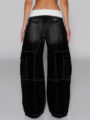 Casual Elastic Waist Patchwork Baggy Jeans