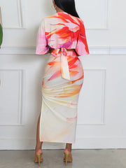 Casual V-neck Print Tied Top and Slit Skirt Sets