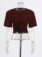 Casual Round Neck Ribbed Elastic Slim Cropped T-Shirt