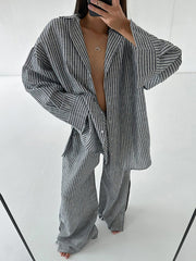 Casual Striped Loose Shirt Wide Leg Pant Set