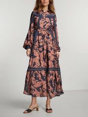 Elegant Turn-down Collar Print Lace-up Maxi Dress