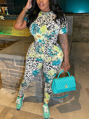 Casual Print Basic O Neck Short Sleeve Two Pieces Set