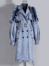 Casual Ruffled Denim Trench Coat